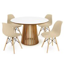 Conjunto Mesa de Jantar Redonda Luana Amadeirada Branca 120cm com 4 Cadeiras Eames Eiffel - Nude