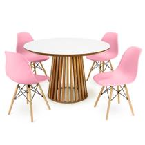 Conjunto Mesa de Jantar Redonda Luana Amadeirada Branca 120cm com 4 Cadeiras Eames Eiffel - Rosa