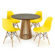 Conjunto Mesa de Jantar Redonda Luana Amadeirada Natural 100cm com 4 Cadeiras Eames Eiffel - Amarelo