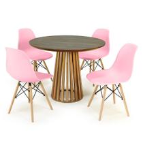 Conjunto Mesa de Jantar Redonda Luana Amadeirada Natural 100cm com 4 Cadeiras Eames Eiffel - Rosa