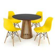 Conjunto Mesa de Jantar Redonda Luana Amadeirada Preta 100cm com 4 Cadeiras Eames Eiffel - Amarelo