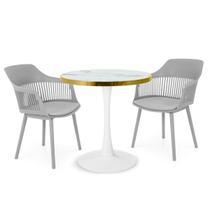 Conjunto Mesa de Jantar Redonda Majestic 70cm Branca com 2 Cadeiras Estofadas Marcela - Cinza Conjunto Mesa de Jantar Redonda Majestic 70cm Branca com 2 Cadeiras Estofadas Marcela - Cinza