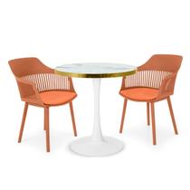 Conjunto Mesa de Jantar Redonda Majestic 70cm Branca com 2 Cadeiras Estofadas Marcela - Marrom Conjunto Mesa de Jantar Redonda Majestic 70cm Branca com 2 Cadeiras Estofadas Marcela - Marrom