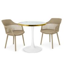 Conjunto Mesa de Jantar Redonda Majestic 70cm Branca com 2 Cadeiras Estofadas Marcela - Nude Escuro Conjunto Mesa de Jantar Redonda Majestic 70cm Branca com 2 Cadeiras Estofadas Marcela - Nude Escuro