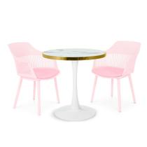 Conjunto Mesa de Jantar Redonda Majestic 70cm Branca com 2 Cadeiras Estofadas Marcela - Rosa Conjunto Mesa de Jantar Redonda Majestic 70cm Branca com 2 Cadeiras Estofadas Marcela - Rosa