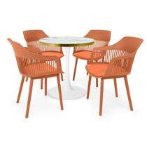 Conjunto Mesa de Jantar Redonda Majestic 70cm Branca com 4 Cadeiras Estofadas Marcela - Marrom Conjunto Mesa de Jantar Redonda Majestic 70cm Branca com 4 Cadeiras Estofadas Marcela - Marrom