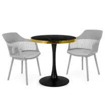 Conjunto Mesa de Jantar Redonda Majestic 70cm Preta com 2 Cadeiras Estofadas Marcela - Cinza Conjunto Mesa de Jantar Redonda Majestic 70cm Preta com 2 Cadeiras Estofadas Marcela - Cinza