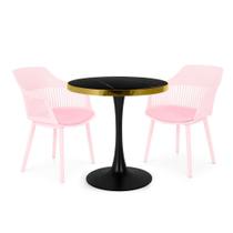 Conjunto Mesa de Jantar Redonda Majestic 70cm Preta com 2 Cadeiras Estofadas Marcela - Rosa Conjunto Mesa de Jantar Redonda Majestic 70cm Preta com 2 Cadeiras Estofadas Marcela - Rosa