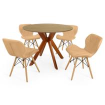 Conjunto Mesa de Jantar Redonda Marci 100cm Natural com 4 Cadeiras Slim - Nude Escuro