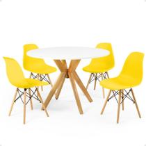 Conjunto Mesa de Jantar Redonda Marci Branca 100cm com 4 Cadeiras Eames Eiffel - Amarelo