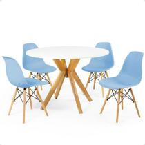 Conjunto Mesa de Jantar Redonda Marci Branca 100cm com 4 Cadeiras Eames Eiffel - Azul Claro