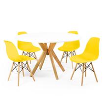 Conjunto Mesa de Jantar Redonda Marci Branca 120cm com 4 Cadeiras Eames Eiffel - Amarelo