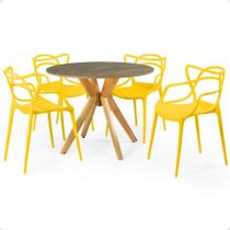 Conjunto Mesa de Jantar Redonda Marci Natural 100cm com 4 Cadeiras Allegra - Amarelo