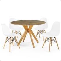 Conjunto Mesa de Jantar Redonda Marci Natural 100cm com 4 Cadeiras Eames Eiffel - Branco