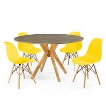 Conjunto Mesa de Jantar Redonda Marci Natural 120cm com 4 Cadeiras Eames Eiffel - Amarelo