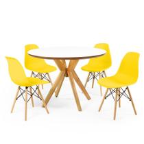 Conjunto Mesa de Jantar Redonda Marci Premium Branca 100cm com 4 Cadeiras Eames Eiffel - Amarelo