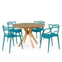 Conjunto Mesa de Jantar Redonda Marci Premium Natural 120cm com 4 Cadeiras Allegra - Turquesa