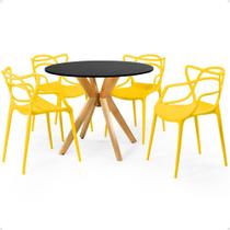 Conjunto Mesa de Jantar Redonda Marci Preta 100cm com 4 Cadeiras Allegra - Amarelo