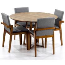 Conjunto Mesa de Jantar Redonda Natural Lara Premium 120cm com 4 Cadeiras Estofadas Isabela - Cinza