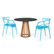 Conjunto Mesa de Jantar Redonda Preta 100cm Talia Amadeirada com 2 Cadeiras Allegra - Azul