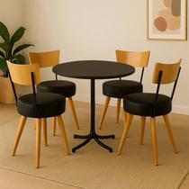 Conjunto Mesa de Jantar Redonda Preta Com 4 Cadeiras Estofada Preta Encosto Madeira Urban