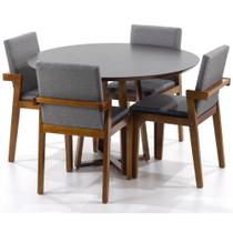 Conjunto Mesa de Jantar Redonda Preta Lara Premium 100cm com 4 Cadeiras Estofadas Isabela - Cinza