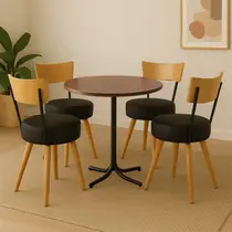 Conjunto Mesa de Jantar Redonda Preta Tampo Imbuia Com 4 Cadeiras Estofada Preta Encosto Madeira Urban
