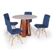 Conjunto Mesa de Jantar Redonda Styllo Off White 100cm com 4 Cadeiras Gomos Veludo - Azul Marinho - Magazine Decor