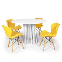 Conjunto Mesa de Jantar Redonda Talia Branca 120cm com 4 Cadeiras Eiffel Slim - Amarelo