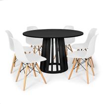 Conjunto Mesa de Jantar Redonda Talia Preta 120cm com 6 Cadeiras Eames Eiffel - Branco