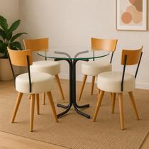 Conjunto Mesa de Jantar Redonda Vidro Com 4 Cadeiras Estofada Off-White Encosto Madeira Urban Conjunto Mesa de Jantar Redonda Vidro Com 4 Cadeiras Estofada Off-White Encosto Madeira Urban