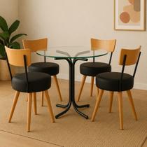 Conjunto Mesa de Jantar Redonda Vidro Com 4 Cadeiras Estofada Preta Encosto Madeira Urban Conjunto Mesa de Jantar Redonda Vidro Com 4 Cadeiras Estofada Preta Encosto Madeira Urban