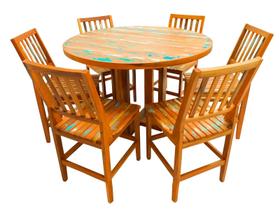 Conjunto Mesa de Jantar Redondo 1,20m com 6 Cadeiras Conforto Madeira de Demolição Peroba Rosa Patina