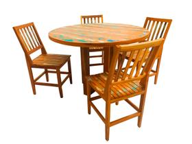 Conjunto Mesa de Jantar Redondo 1m com 4 Cadeiras Conforto Madeira de Demolição Peroba Rosa Patina