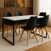 Conjunto Mesa de Jantar Retangular 120x80 cm com Tampo Branco e Estrutura em Aço Preto+4 Cadeiras Pretas Pés em Madeira