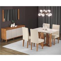Conjunto Mesa de Jantar Retangular 120x90 Ville com 4 Cadeiras Venus e Buffet 4 Portas Eifel Bege/Mel/Off White Conjunto Mesa de Jantar Retangular 120x90 Ville com 4 Cadeiras Venus e Buffet 4 Portas Eifel Bege/Mel/Off White