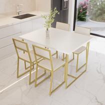 Conjunto Mesa de Jantar Retangular Branca 4 Cadeiras Estofado Riviera Industrial Dourado