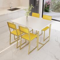 Conjunto Mesa de Jantar Retangular Branca 4 Cadeiras Estofado Riviera Industrial Dourado - Don Castro Decor
