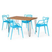 Conjunto Mesa de Jantar Retangular Hairpin Natural 130x80cm com 4 Cadeiras Allegra - Azul