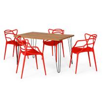 Conjunto Mesa de Jantar Retangular Hairpin Natural 130x80cm com 4 Cadeiras Allegra - Vermelho - OpenUp!