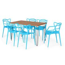 Conjunto Mesa de Jantar Retangular Hairpin Natural 130x80cm com 6 Cadeiras Allegra - Azul