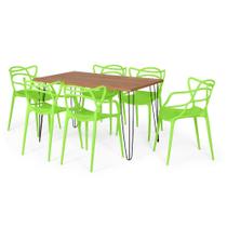 Conjunto Mesa de Jantar Retangular Hairpin Natural 130x80cm com 6 Cadeiras Allegra - Verde