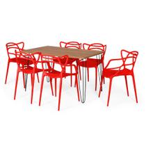 Conjunto Mesa de Jantar Retangular Hairpin Natural 130x80cm com 6 Cadeiras Allegra - Vermelho