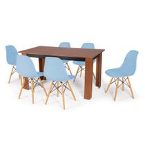 Conjunto Mesa de Jantar Retangular Pérola Cherry 150x80cm com 6 Cadeiras Eames Eiffel - Azul Claro