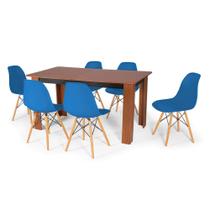Conjunto Mesa de Jantar Retangular Pérola Cherry 150x80cm com 6 Cadeiras Eames Eiffel - Azul