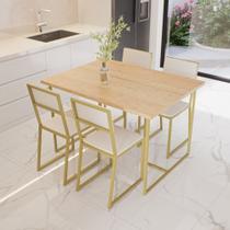 Conjunto Mesa de Jantar Retangular Pinus 4 Cadeiras Estofado Riviera Industrial Dourado Conjunto Mesa de Jantar Retangular Pinus 4 Cadeiras Estofado Riviera Industrial Dourado