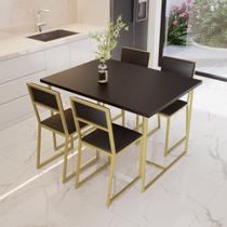 Conjunto Mesa de Jantar Retangular Preta 4 Cadeiras Estofado Riviera Industrial Dourado