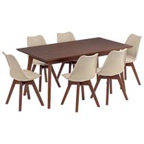 Conjunto Mesa de Jantar Retangular Vértice 160cm Nozes com 6 Cadeiras Leda em Madeira Maciça - Nude - Madebal