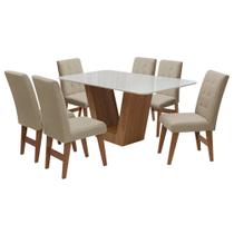 Conjunto Mesa de Jantar Safira com 06 Cadeiras Agata 160cm Cedro/Branco Off/Bege - Amarena Móveis - Am Decor