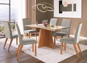 Conjunto Mesa de Jantar Seul Tampo Vidro com 6 Cadeiras Madeira Amy Canela/Off White/Creme Espresso Móveis
